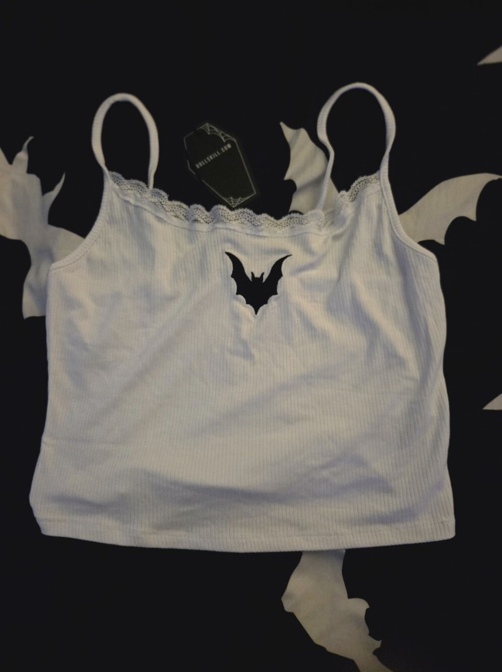 Dolls Kill White Lace-Trim Ribbed Camisole with Black Bat Accent